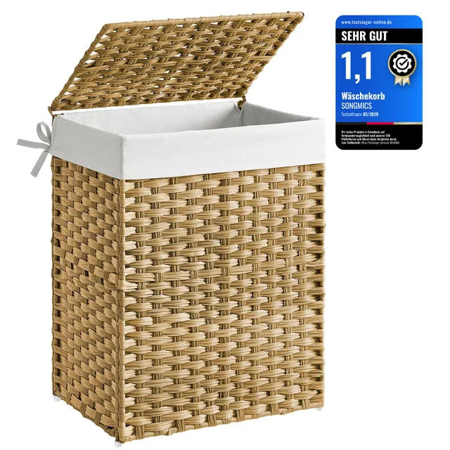 songmics-w-schekorb-schmal-90-l-faltbar-pp-rattan-mit-deckel-und-innensack image 1