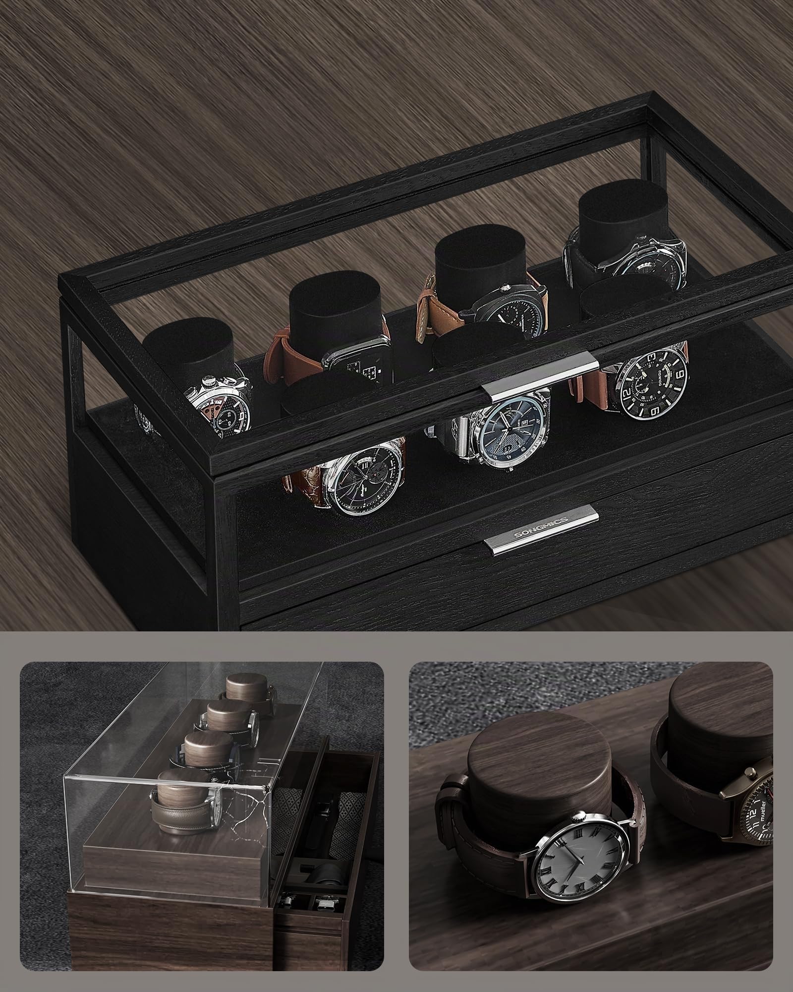 songmics-uhrenbox-jow007b01-2-ebenen-f-r-7-uhren-mit-acryl-deckel-und-schublade- image 3